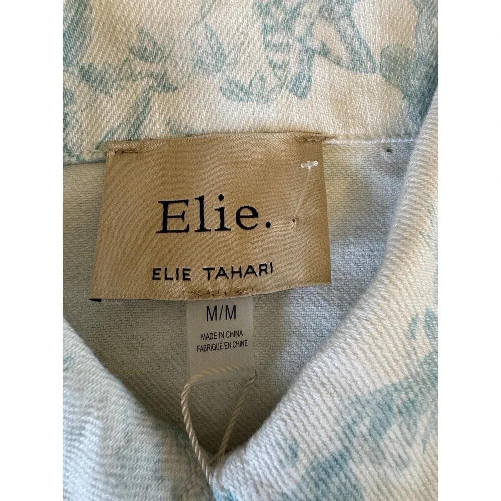 ELIE TAHARI Floral Denim Jacket Cropped Raw Hem White Blue Size M Cotton - Picture 9 of 16